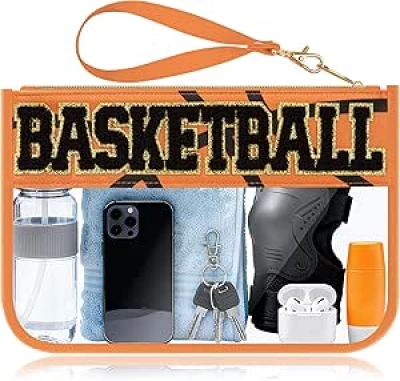 Basketball Makeup Bag with Chenille Patches - Clear PVC Waterproof Cosmetic Organizer