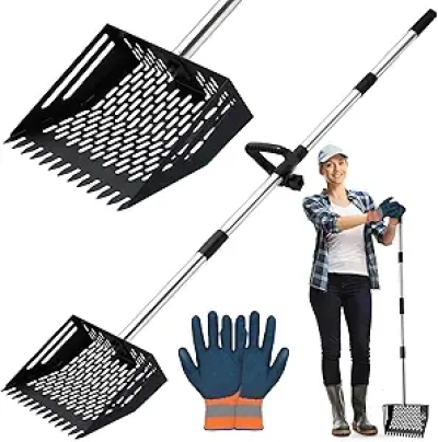 2-in-1 Chicken Poop Scooper - 10" Stainless Steel Sand Sifting Shovel & Rake (35"-62" Adjustable)