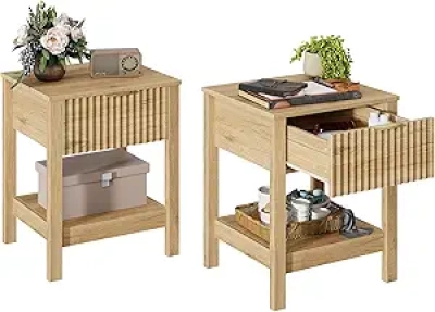 Fluted Mid-Century Nightstand Set of 2 with Golden Handle - Natural Oak Bedside Table