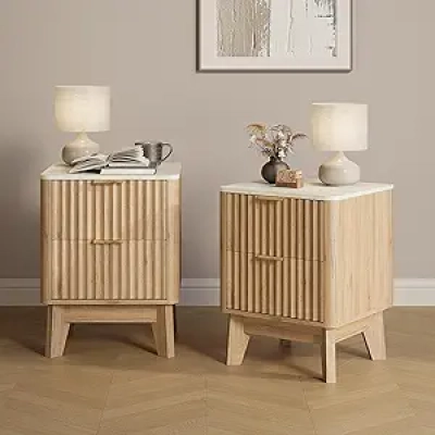 Modern Fluted Nightstand Set of 2 with Faux Marble Top & Storage Drawers