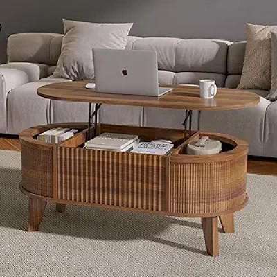 Modern Walnut Fluted Lift Top Coffee Table with Hidden Storage