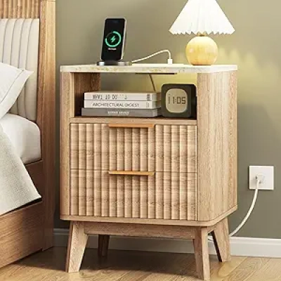 Modern Nightstand with Charging Station - Oak Wood Bedside Table