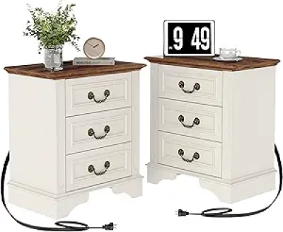 Farmhouse Nightstand with Charging Station & 3 Drawers - White Bedside Table