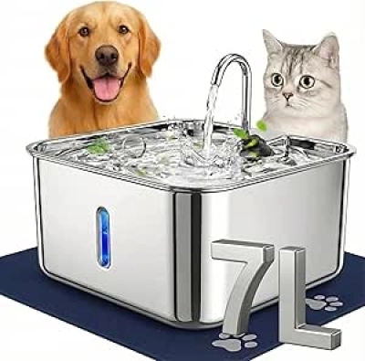7L Stainless Steel Cat & Dog Water Fountain with Anti-Slip Mat & Quiet Pump