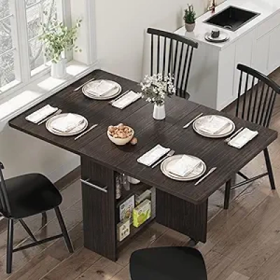 Folding Dining Table for Small Spaces - Space-Saving Drop Leaf Table with Storage