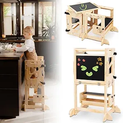 4-in-1 Montessori Learning Tower - Adjustable Toddler Step Stool & Activity Table