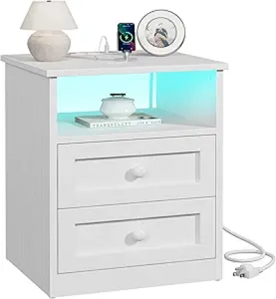 White Wooden Nightstand with Charging Station & LED Lights - Modern Bedside Table