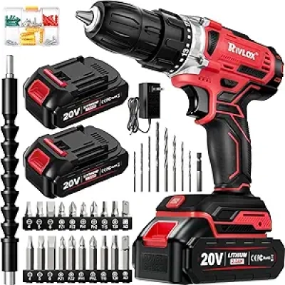 20V Cordless Drill Driver Set with 2.0Ah Batteries & 34 Accessories - LED Light