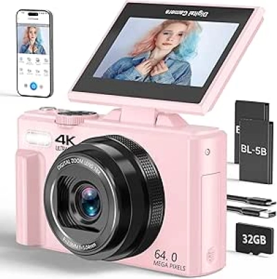 4K 64MP Digital Camera with Flip Screen & 18X Zoom for Vlogging & YouTube