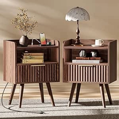 Walnut Nightstand with USB-C Charging Station & Drawer - Set of 2