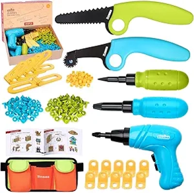Kids Electric Drill Construction Tool Set - 258PCS STEM Building Kit with Tool Belt