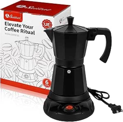 Black Aluminum Electric Moka Pot - 3 & 6 Cup Espresso Maker with Auto-Stop