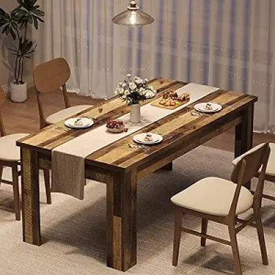 63" Farmhouse Dining Table for 4-6 | Rustic Brown Wooden Kitchen Table with Sturdy Legs