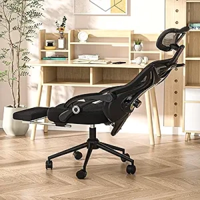 Ergonomic Office Chair with Footrest & Adjustable Lumbar Support - Reclining Mesh Gaming Chair