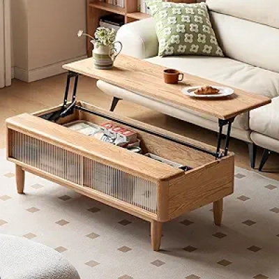 Lift Top Coffee Table 47" Solid Oak Wood with Glass Storage - Modern Living Room Furniture