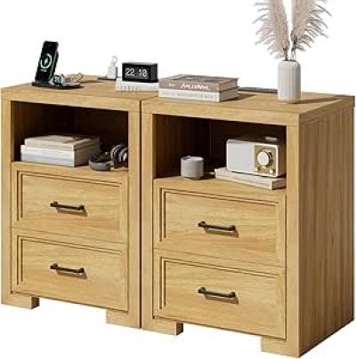 Nightstand Set of 2 with Charging Station & Drawers | Oak Wood Side Table