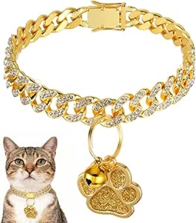 Gold Diamond Cat Collar with Paw Charm & ID Tag - Bling Pet Necklace