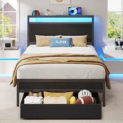 Twin Bed Frame with Storage Headboard, LED Lights & Fast Charging Station