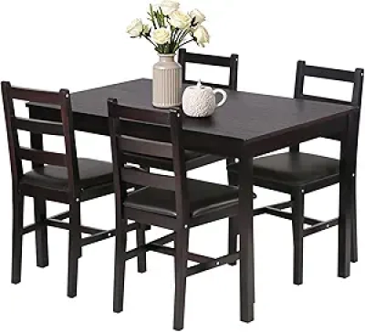 5-Piece Solid Pine Wood Dining Table Set for 4 - Space-Saving Brown Kitchen Table with Upholstered Chairs