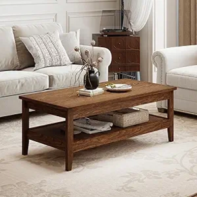 Mid Century Modern Coffee Table 47" - 2-Tier Walnut Wood Storage Center Table