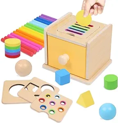 4-in-1 Montessori Toys for Toddlers 1-3 Years | Wooden Shape Sorter & Ball Drop Box