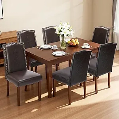 NEWBULIG Dining Chairs Set of 6 - Modern PU Leather Kitchen Chairs with Wooden Legs