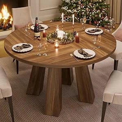 47" Round Dining Table for 4-6 - Walnut Farmhouse Wood Kitchen Table with Sturdy Base