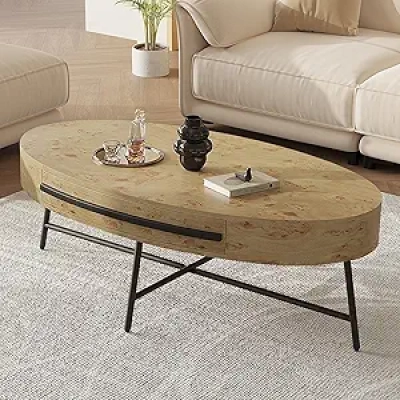 47.2" Oval Coffee Table with Storage Drawers - Farmhouse Wooden Center Table, Walnut Finish