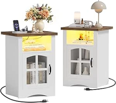 Farmhouse Nightstand with 20W Fast Charging Station & Smart RGB LED - White & Brown End Table