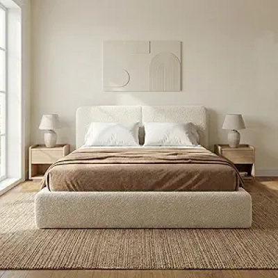 Queen Size Cloud Bed Frame with Boucle Headboard - Modern Platform Bed No Box Spring