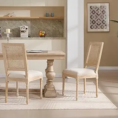 French Country Dining Chairs Set of 2 - Rattan Back Upholstered Chairs