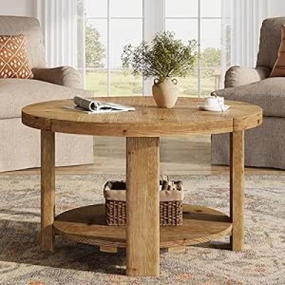 31.5" Round Farmhouse Coffee Table with Storage - Solid Wood Boho Center Table