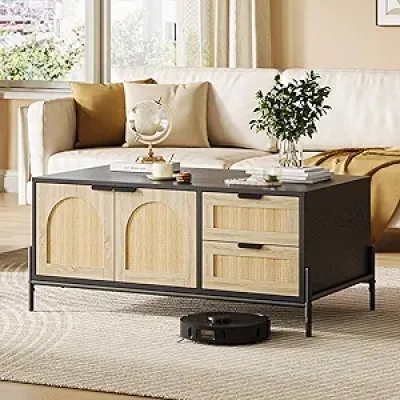 Modern Rattan Coffee Table with LED Lights, Drawers & Storage Cabinet - Black Oak