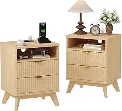 Garvee Modern Fluted Nightstand with Charging Station - Set of 2 Bedside Tables with USB Ports