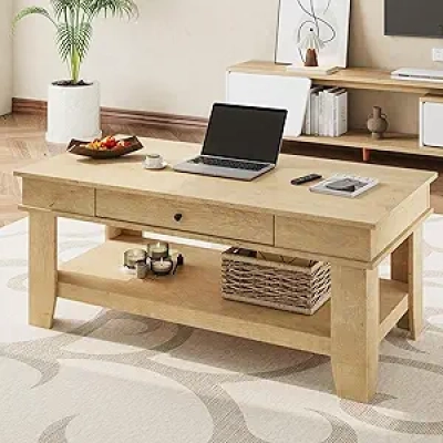 47.2" Rustic Light Wood Coffee Table with Drawer & Storage Shelf
