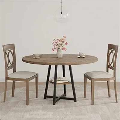 47'' Round Dining Table for 4-6 | Pedestal Base with Storage Shelf | Farmhouse Kitchen Table