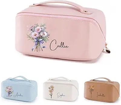 Personalized Birth Flower Makeup Bag with Name - Custom PU Leather Cosmetic Organizer