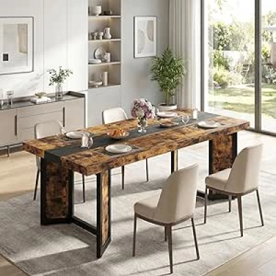 70" Industrial Dining Table for 8 - Farmhouse Wood Kitchen Table with Metal Frame