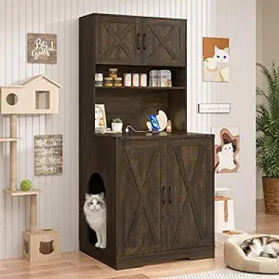 71" Tall Cat Litter Box Enclosure with Power Outlets - Hidden Wooden Cabinet for Living Room