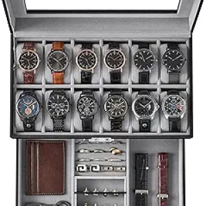 SONGMICS 12-Slot Watch Box Organizer with Glass Lid & Metal Lock