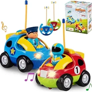 Prextex 2 Pack Remote Control Cars for Toddlers - Police & Race Car with Steering Wheel