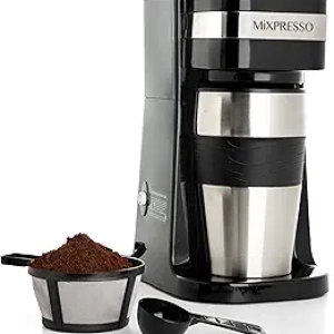 Mixpresso Black Single Serve Coffee Maker with Travel Mug - Compact Drip Brewer