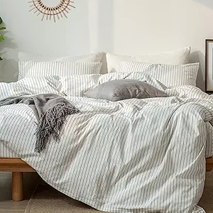 MooMee Queen Striped Duvet Cover Set - 100% Washed Cotton, Soft & Breathable