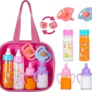Baby Doll Accessories Set - 6-in-1 Diaper Bag with Magic Bottles & Doll Care Kit