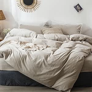 MooMee 100% Washed Cotton Queen Duvet Cover Set - Soft Linen-Like Breathable Bedding