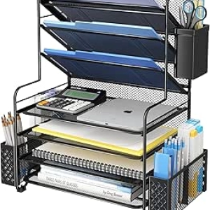 7 Tier Desk File Organizer with Pen Holder - Metal Letter Tray for Office