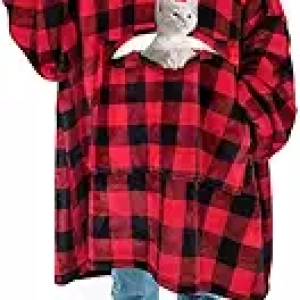 Solaris Oversized Sherpa Wearable Blanket Hoodie with Pet Pocket | Ultra Cozy Plaid