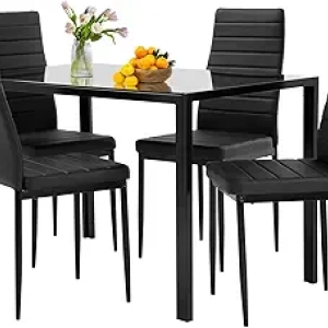 5-Piece Glass Dining Table Set with 4 Cushioned Chairs | Modern Black Kitchen Table