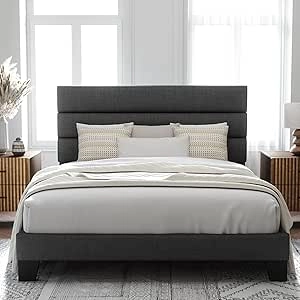 Queen Size Platform Bed Frame with Upholstered Headboard & Wooden Slats - Dark Grey