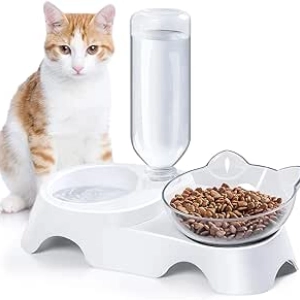 Automatic Dog Cat Water Feeder Bowl Set - 15° Tilted Dual Bowl Dispenser
